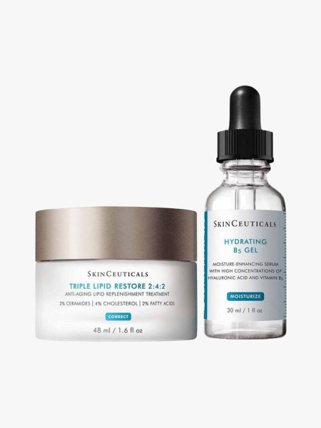 SkinCeuticals Hydration Heroes Duo jar of moisturizer and serum bottle on light gray background