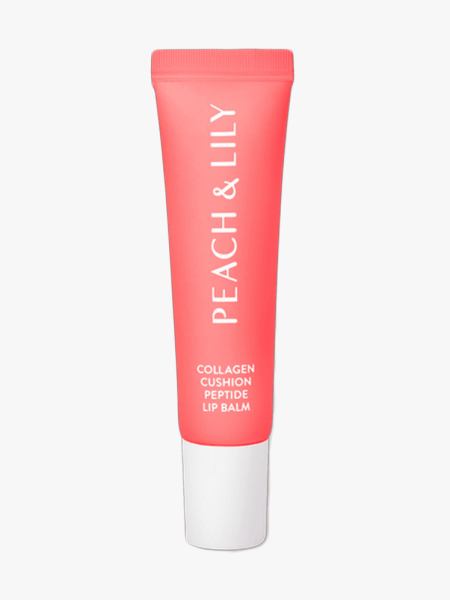 Peach & Lily Collagen Cushion Peptide Lip Balm in branded tube component on a light gray background