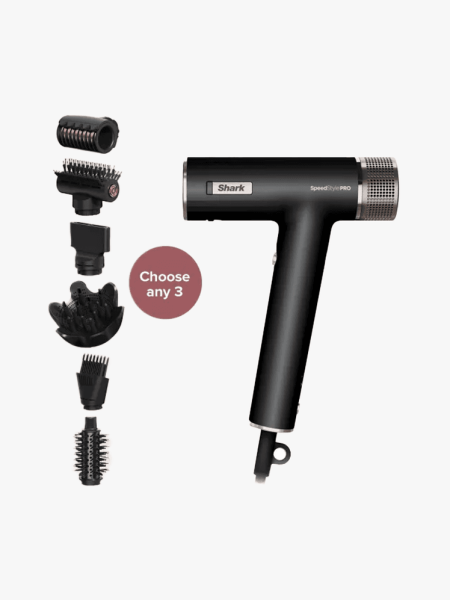 Shark SpeedStyle Pro in branded component with multiple attachments on a light gray background