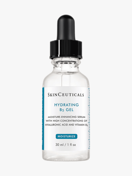 Hydrating B5 Gel in clear bottle with black pipette on light gray background