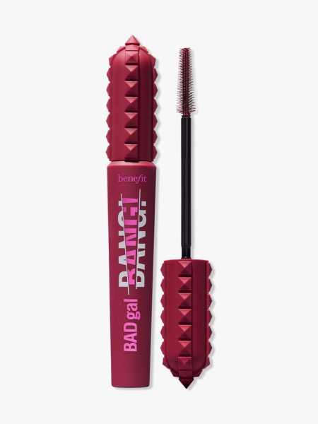 Benefit BADgal BANG! Volumizing Mascara plum tube of mascara with studs on it on light gray background