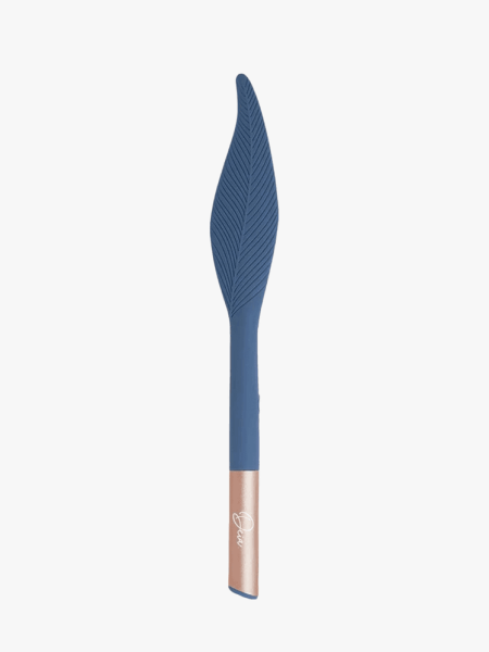A blue Deia The Feather vibrator on a light gray background